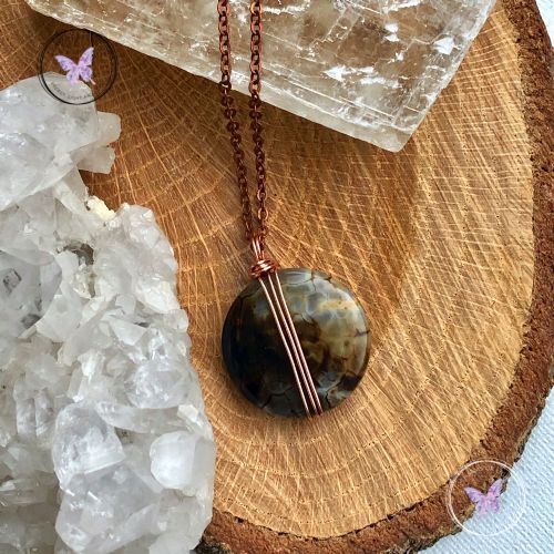 Leopard Agate Coin Pendant with Chain